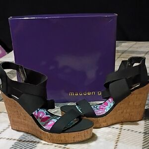 Madden Girl Black and Brown Wedge Sandals